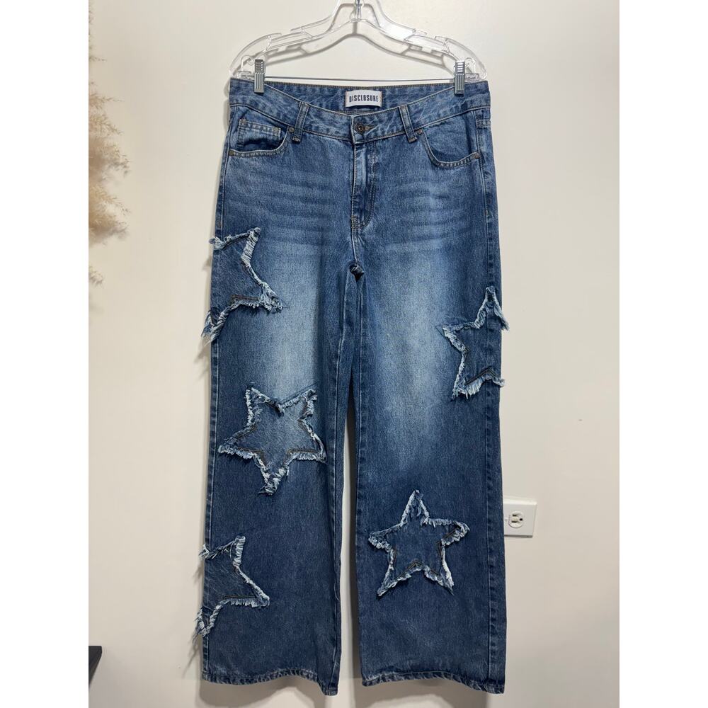 Disclosure Wide Leg Starts Patchwork Distressed Jeans Size 11/30 Medium Wash